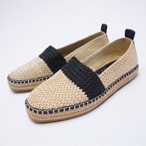 ZARA Woven Combination Rattan Flat Slip On Round Toe Neutral Espadrilles 37/6.5
